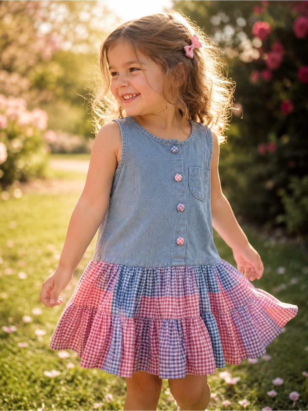 Vintage Amie ’n Alexis Dress Made in USA Girls Size 4 Chambray Gingham Tiered
